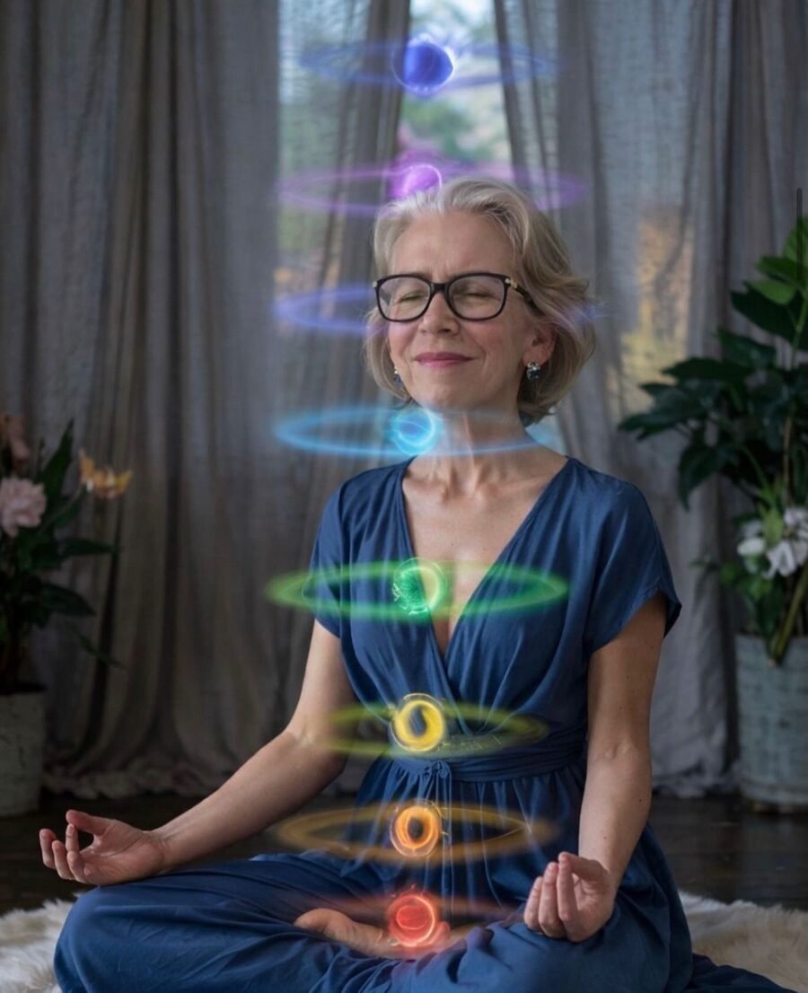 Mulher em meditação com os sete chacras alinhados em luz